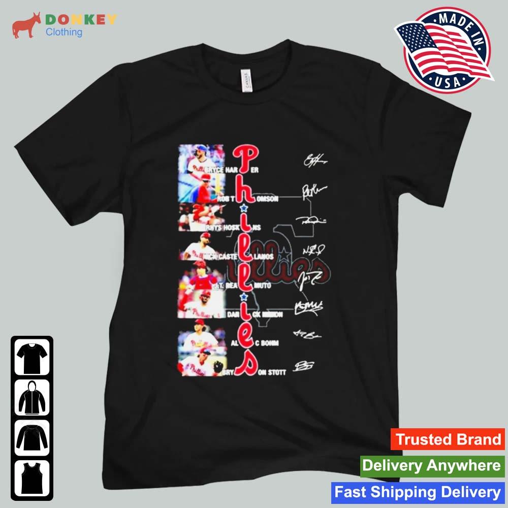 Philadelphia Phillies team Bryce Harper Rob Thomson Rhys Hoskins signatures  shirt - Vegatee