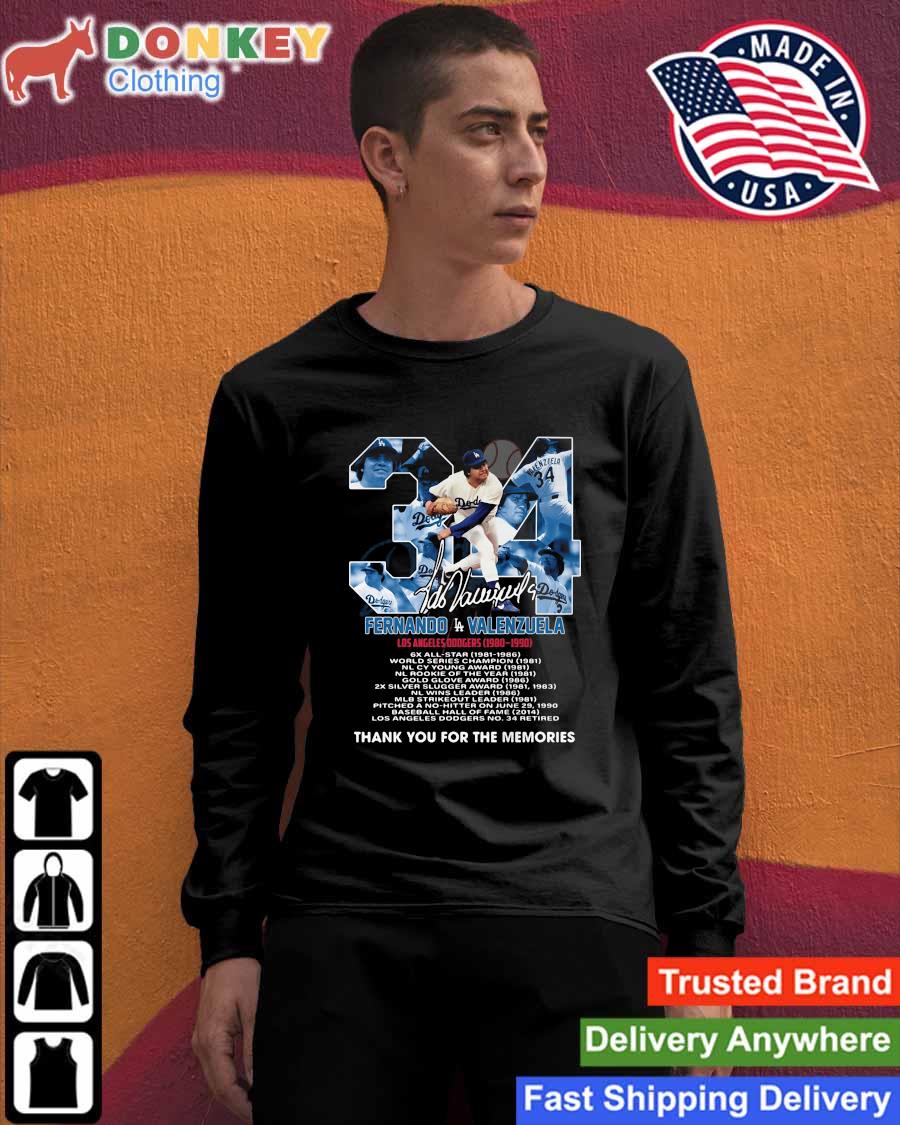 Fernando Valenzuela 34 Los Angeles Dodgers 1980 1990 Signature Thank You  For The Memories T-shirt,Sweater, Hoodie, And Long Sleeved, Ladies, Tank Top