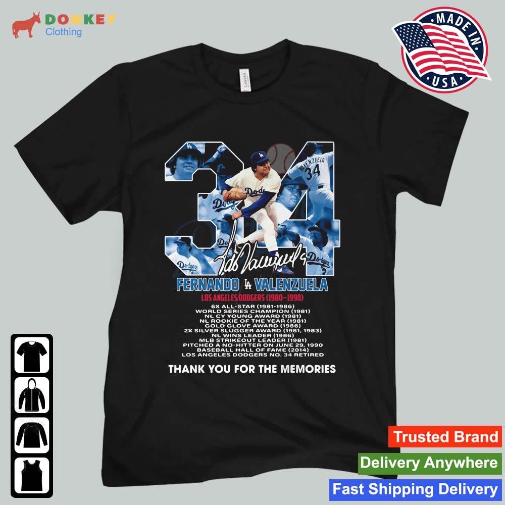 Original Fernando Valenzuela 34 Los Angeles Dodgers 1980 1990 Signature  Thank You For The Memories T-shirt,Sweater, Hoodie, And Long Sleeved,  Ladies, Tank Top