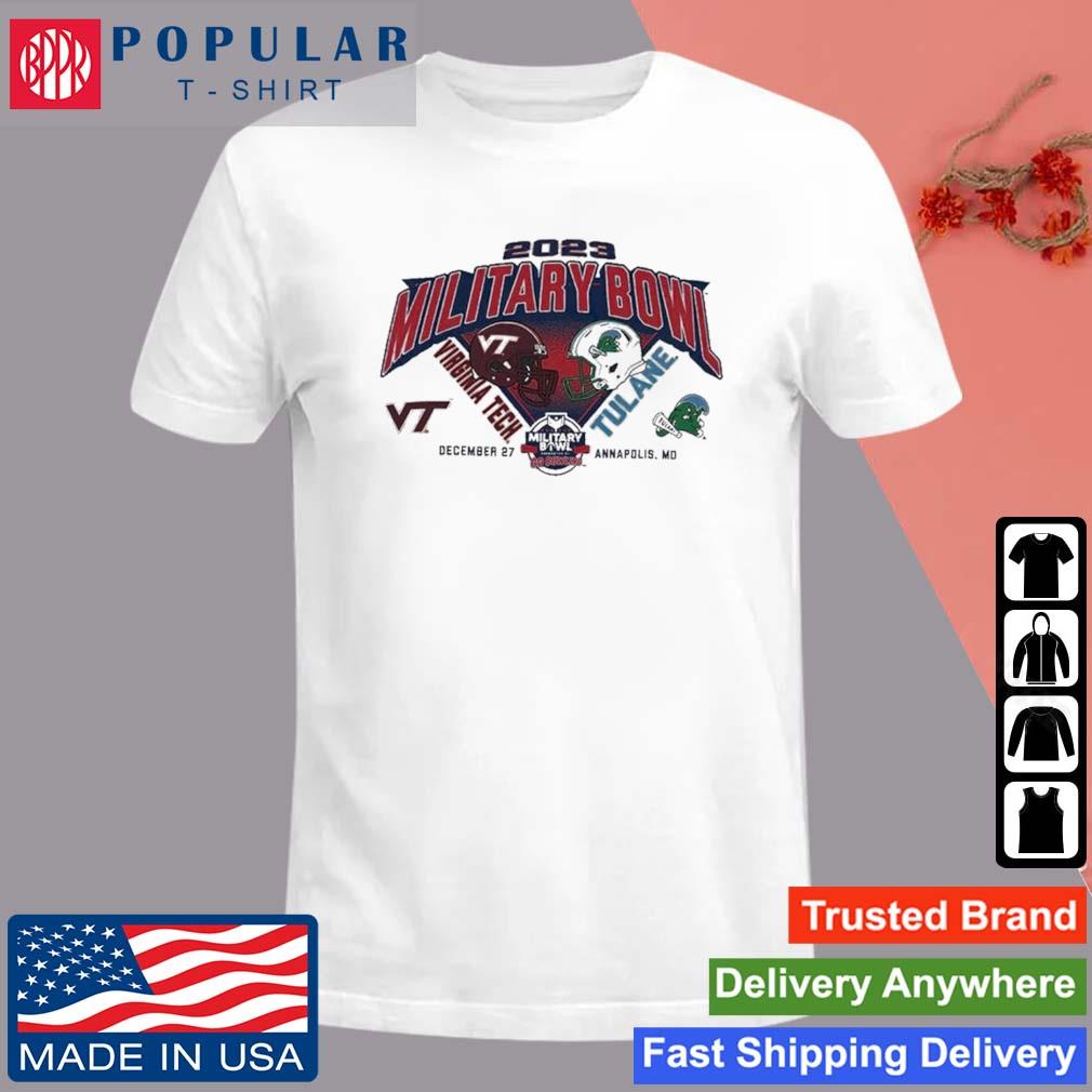 Official Virginia Tech Vs Tulane 2023 Military Bowl Head To Head Champion Brand T-Shirt